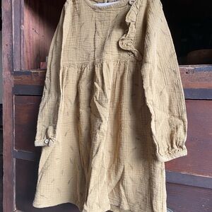 Boutique Kids Gauze Dress in Mustard Yellow, with birdie design